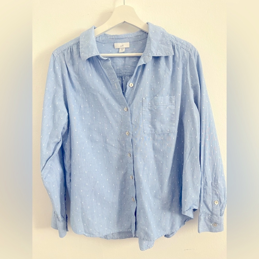 J Jill Blouse Shirt  Sz M Petites Blue Button Up Collared Cotton polka dot embro